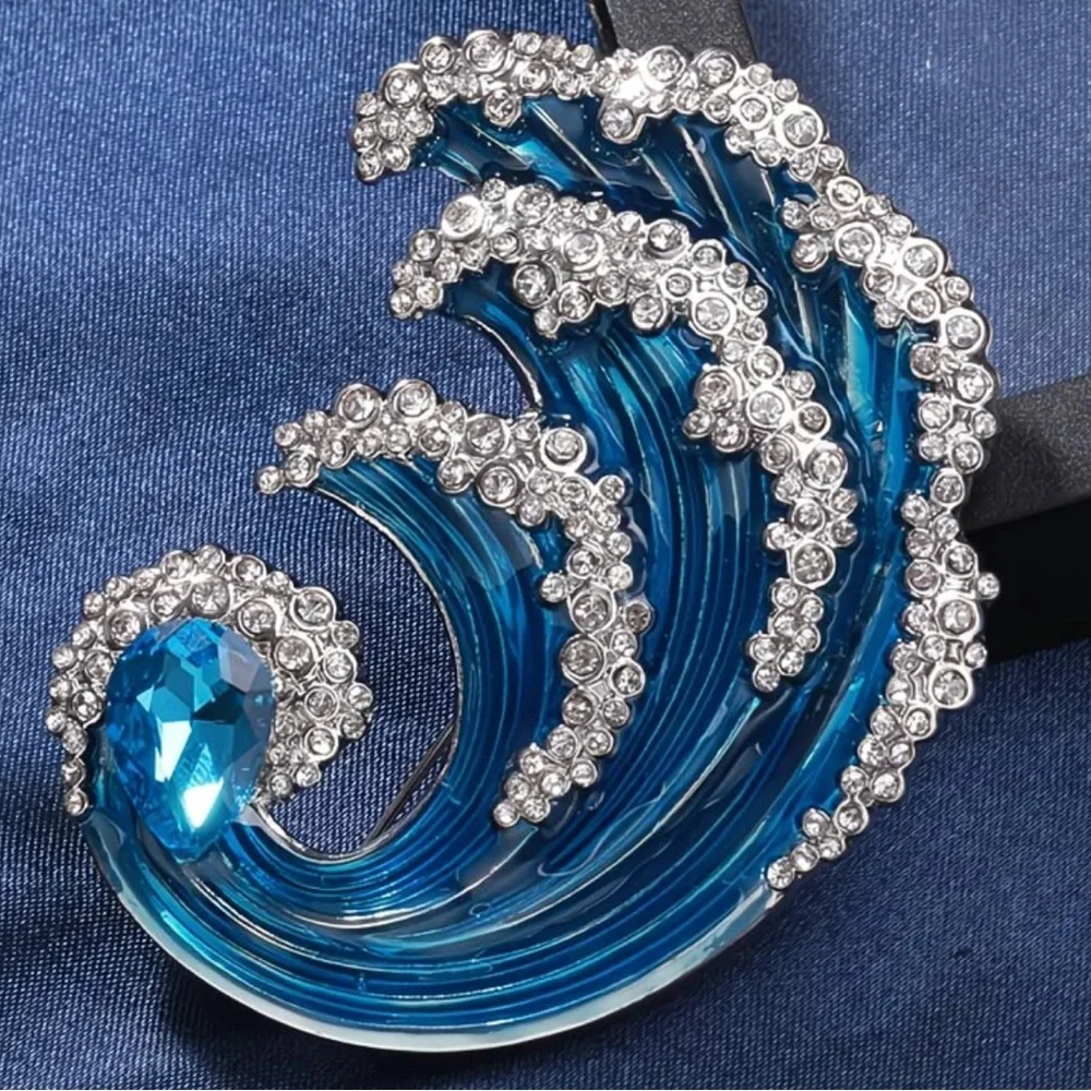Ocean Wave Crystal Brooch Blue Rhinestone Statement Pin Coastal Jewelry